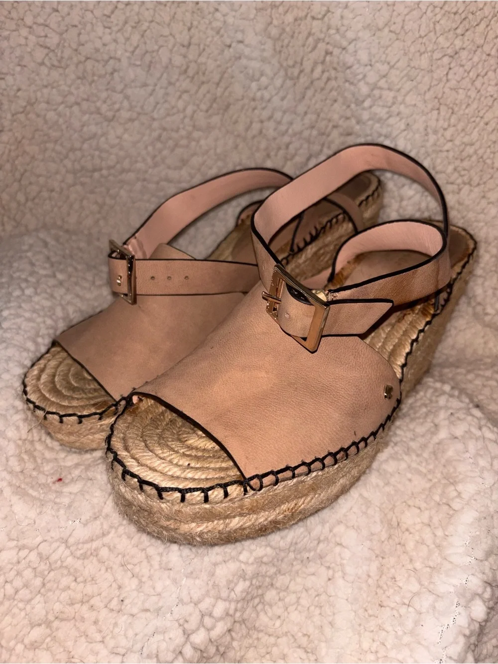 Kate Spade Nude Leather Espadrille Wedge Sandals Ankle Strap 10M